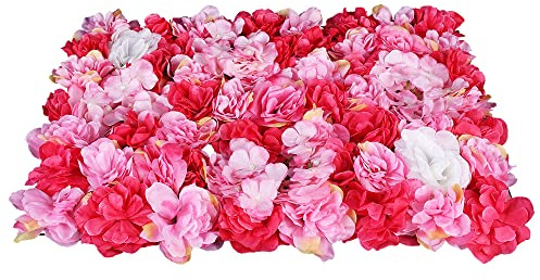 RainWeel Künstliche Blumenwand 12 Stücke Rosenwand Kunstblumen Blumenwandpaneel Deko für Hochzeit Balkon Schaufenster (Rote Dahlie+Rose+Hortensie)