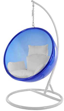 Kideo® Komplettset: Hängesessel mit Gestell & Kissen, Halbschale, Bubble, durchichtig (Gestell: weiß/Korb: blau (Lapis Blue), Kissen: weiß (1000 Snow))