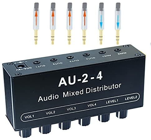 1/8 aux Input Mixing 2 in 4 Channel Way Out Headset Box Headphone Amplifier 3.5mm Mixer 1/8 inch Stereo Audio Amp with Ultra-Compact Portable Mini Jack 3.5 Splitter hup for Studio and Stage