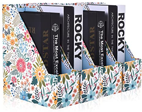SUIN 4 Pack Foldable Magazine Holder, Seamless Floral Designered File-Boxes Desk File Organizer for Office/Home/School, Bright Flower