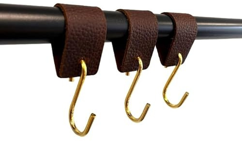 Kleiderhaken mit Lederschlaufe - Goldhaken - Braun – 6 Stück - S Haken - Fleischerhaken - Leder – Garderobenhaken