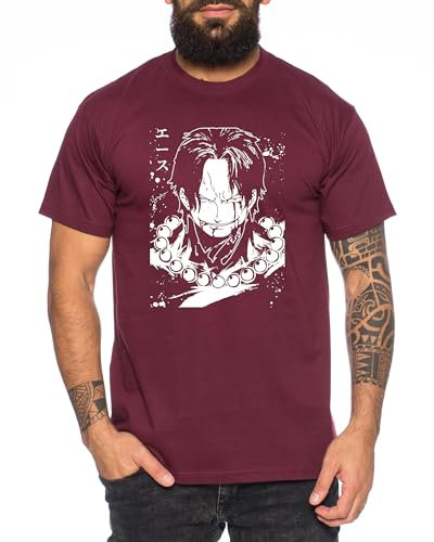 Ace Blood - Herren T-Shirt Straw Hat Luffy Zoro One Monkey D. Pirat Ace Piece Goku Anime Ruffy, Größe:M, Farbe:Weinrot