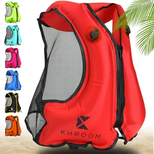 Khroom Aiuto al galleggiamento gonfiabile secondo l'ultima norma UE | per Adulti 150–210 cm, fino a 100 kg | Gilet da snorkeling gonfiabile | Giubbotto gonfiabile per Snorkel, Kayak, SUP (V2 rosso)