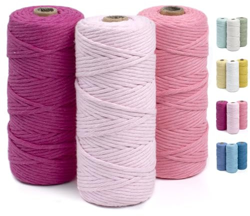 CAMAL 3PC Baumwollgarn, Makramee Garn 3mm makramee-garn 100m Makramee Set Baumwolle zum Häkeln wird Makramee Blumenampel, Wandbehang, DIY Handwerk Pflanze (C: Rosenrot, Rosa, Wassermelonenrosa)