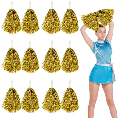 12pcs Cheerleading Pom Poms with Handle - Metallic Foil Cheerleader Pompoms for Sports Team Spirit Cheering Party Dance Night Party (Gold)