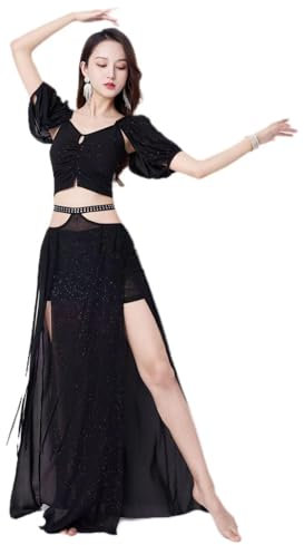 HEARTTOUCH Damen Glitzer Bauchtanz Kostüm Bauchtanz Oberteil Bauchfrei Kurzarm Crop Top Bauchtanz Rock Tanzrock Elegant Belly Dance Outfit Tanzkostüm (Schwarz,L)