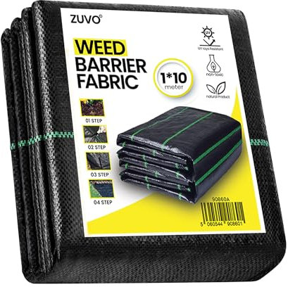 Zuvo - Weed Membrane (1M X 10M) - Heavy Duty Weed Control Fabric 110 GSM - UV Stabilised Landscape Sheet For Patios and Garden - Easy To Cut And Install Black Plastic Sheeting