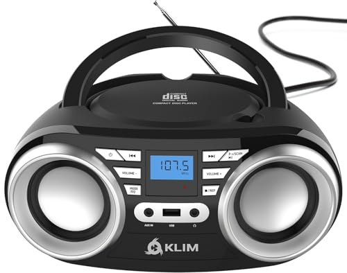 Klim B3 Lecteur CD Portable Boombox avec Radio FM, Bluetooth, USB, AUX, et Radio FM – Lecteurs CD pour la Maison – Deux Haut-parleurs, Effets sonores égaliseurs, 20 Stations préréglées, Compact et