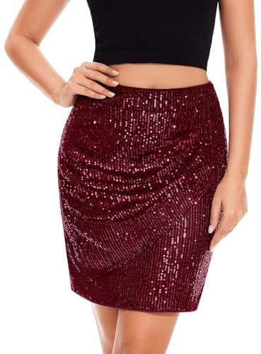 Aupuls Rock Glitzer Damen Pailletten Rock Rot Fasching Damen Winter Pailletten Glitzer Outfit Party Rock Damen Kurz Roter Rock Damen Röcke Damen Rock Karneval AUPR001BurgundyS