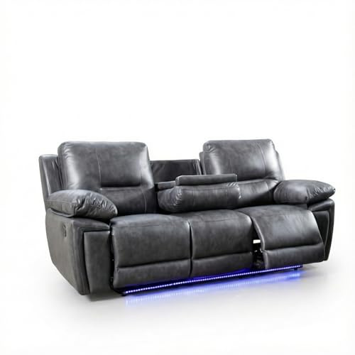 Sara Leather Electric Recliner Sofa With Cupholders - Leather Corner Sofa - 3+2 Seater - USB Charging Ports - LED Lights - Grey (3 Seater)
