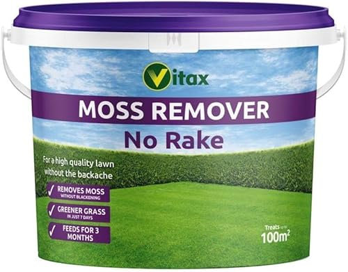 Vitax Moss Remover No Rake Lawn Fertiliser Feed – Removes Moss Naturally Promotes Greener Grass, Feeds Lawn for 3 Months, 100m² Coverage