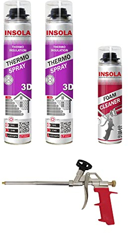 INSOLA Isolation Polyuréthane Projetable 850ml | L'un des Meilleurs Pouvoirs Isolants du Marché, 80% Cellules Fermées, Confort Thermique et Acoustique, Lot de 2 + 1 + 1