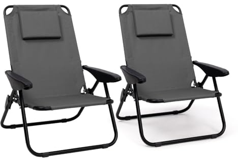 IDMarket - Set aus 2 faltbaren Strandkörben - neigbare Gartensessel Rucksack anthrazitgrau und graues Tuch