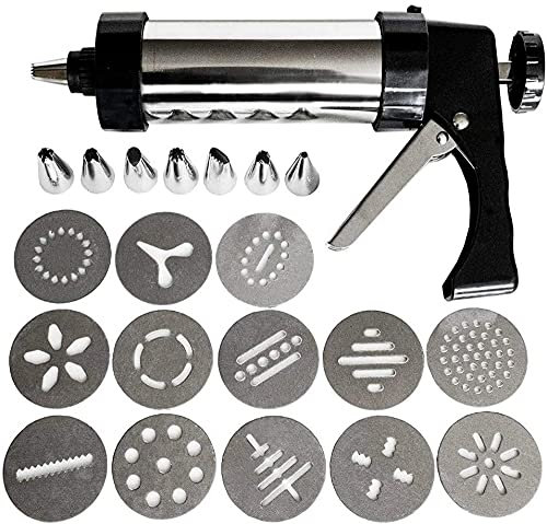 Pressa per biscotti in acciaio inox, con spruzzatore con 13 stencil e 8 beccucci a siringa, accessori da forno, per vari dolci, grande capacità di riempimento.