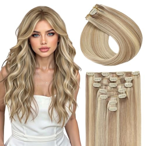 Sunya Clip in Extensions Echthaar Aschblond mit Platinblond 50cm 80g | Invisble Glatt Haar Skin Weft, Für Feines, Normales Haar, Remy Echthaar,Clip-In Extensions, Mehr Volumen