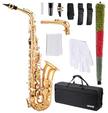 VEVOR Saxophone Alto Mi Bémol Kit Saxophone Débutants en Laiton Résistant avec Étui de Transport, Bec, Sangles, Chiffon de Nettoyage, Gants, Sangle de Cou, 23 Touches, pour Débutants, Étudiants, Doré