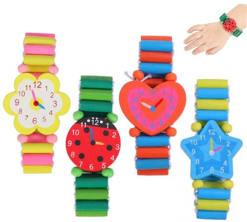 FRCOLOR Orologio Giocattolo in Legno per Ragazzi Cinturino Creativo a Forma di Cartone Animato, 4 Pezzi, Materiale Confortevole e Sicuro la Cute dei Più Colore Casuale Stili multipli