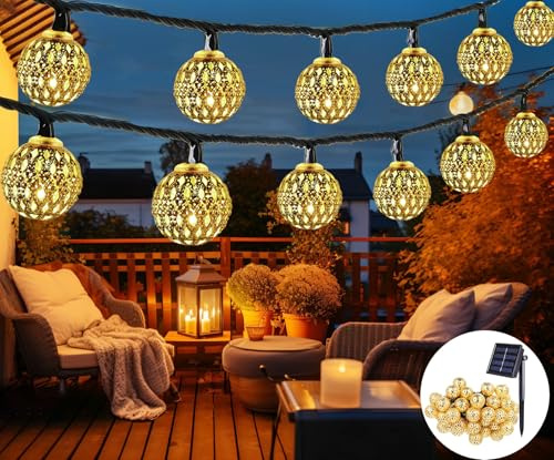 EHIOG Catena Luminosa Solare Esterno 7M 50LED, Luci LED Sfera Marocchina con 8 Modalità, IP65 Impermeabile, Bianco Caldo, per Giardino, Terrazzo, Feste, Natale, Patio e Interni