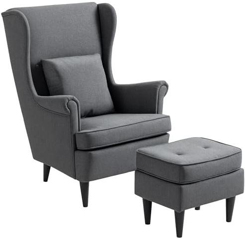 HOMCOM Sillón con Reposapiés Sillón Lectura con Respaldo Alto Capitoné Patas de Madera Almohada Acolchada y Tapizado en Lino Butaca para Salón Dormitorio Oficina Gris Oscuro