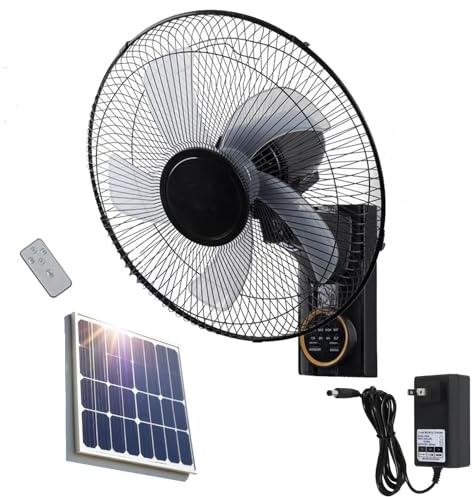 NRQCJM Ventilador Solar De Pared Con Mando A Distancia, 3 Velocidades Silencioso Oscilante, Temporizador E Inclinación Ajustable, Para Interior Y Exterior, Placa Solar O Enchufe