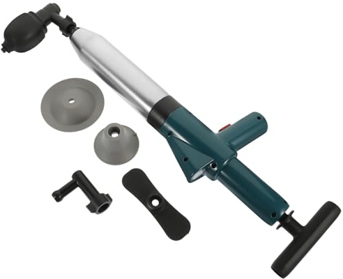 IMIKEYA Pneumatic Drain Cleaning Tool with 4 Unclogging Heads, Blue Abs and Stainless Steel Plunger for Kitchen Sink and Bathroom Floor Drain, Efficiently Blast and Solve Blockages