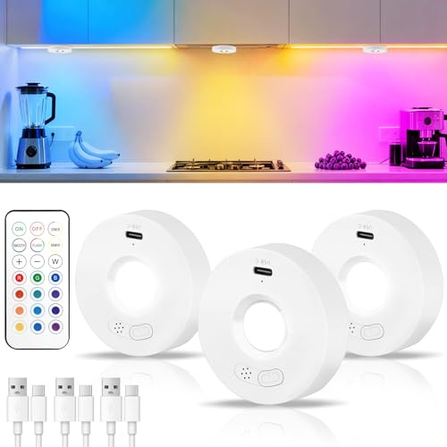 HOTUT RGB Farbwechsel Schrankbeleuchtung,3 Stück LED Akku Lichter mit Fernbedienung,RGB LED Puck-Lichter Akku Unterschrank-Küchenlichter für Kleiderschrank,Küche,Schlafzimmer,Schränke,Vitrinen