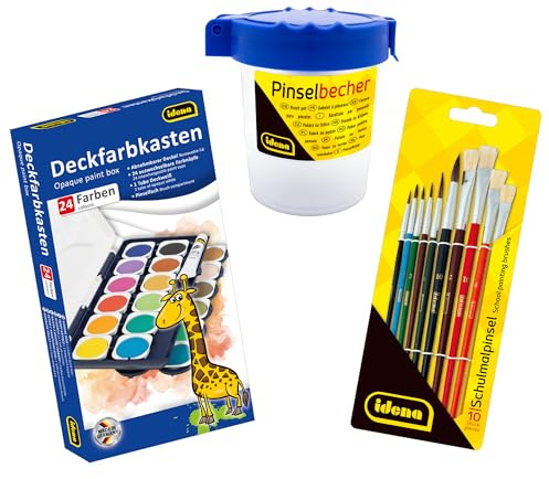 Idena 90480 - Deckfarbkasten mit 24 Farben und 1 Tube Deckweiß, inkl. 10 Malpinsel und einem Pinselbecher mit Deckel, Wasserfarbkasten mit Pinseln für die Schule