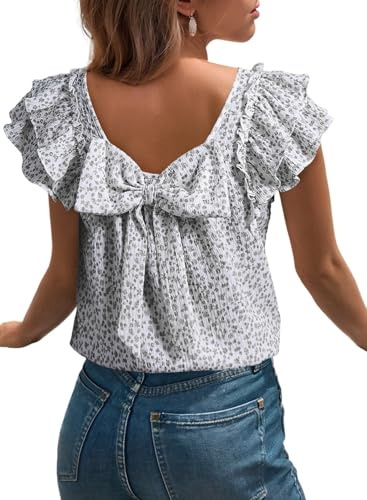Dokotoo Women's Blouses Floral Print Spring Tops Black Floral Ruffled Short Sleeve Bow Back Square Neck Blouse Textured Dressy Casual Tops Large