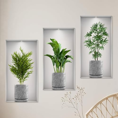 3 Pièces 23 * 45cm Stickers Muraux Vase 3D Stickers Plante Decoration Murale Salon Convient pour Décorer les Chambres les Salles a Manger les Hôtels et pour Recouvrir les Murs Endommagés