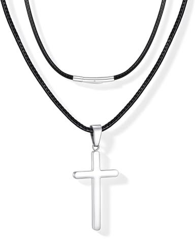 FLHEART Kreuz Kette Lederkette für Herren - Silber Edelstahl Kreuz Anhänger mit Leder Kette für Männer, Cross Necklace Christliche Konfirmation Ostern Geschenke für Jungen, Kreuzkette für Herren