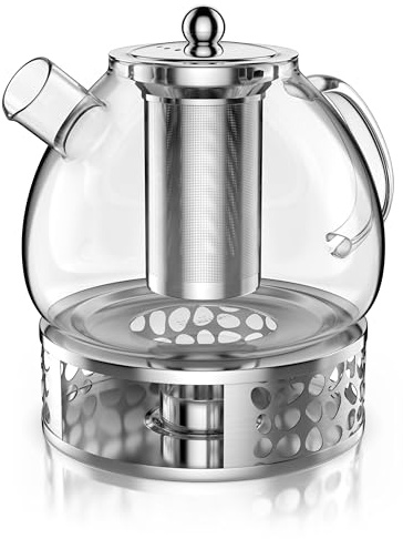 Arendo - Glas Teekanne mit Stövchen - mit Sieb - 1500 ml – aus Borosilikatglas – mit Edelstahlsieb – feinmaschig – hitzebeständig – Glasteekanne – für losen Tee Kräutertee Früchtetee – Teekocher – lan