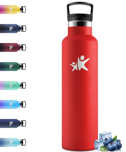 Mulbijeo Botella Termica 1 Litro, Termo Sin BPA, Cantimplora Acero Inoxidable, Aislamiento Al Vacío de Doble Pared, Termo, Botella Agua Gimnasio para Deporte, Oficina, Camping, Gimnasio, Rojo