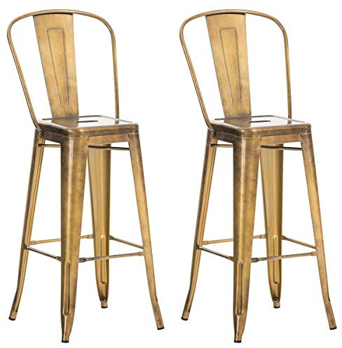 CLP 2er Set Metall Barhocker Aiden Mit Hoher Rückenlehne I 2 x Hocker Mit Fußstütze Und Bodenschonern | Farbe Gold