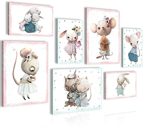 Novart Wandbilder Tiere - KOMPLETT AUFHÄNGFERTIG - Mäuse Rosa Kinderzimmer Mädchen - 7 Moderne Mood-Bilder - N000071a