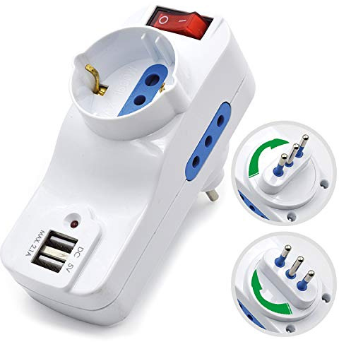 OM13035 Adattatore Compatto Bianco, 1 Presa Schuko (Tedesca) 2 Prese porte USB- 1 Spina Rotante Italiana tripolare 10A con Interruttore