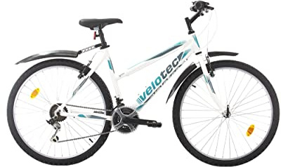 Multibrand Velotec 6th Sense Bicicleta de Montaña de Aluminio 26 Pulgadas, 18 velocidades, V-Brake, para niñas y Mujeres, Adecuada para 150–175 cm (Blanco con Azul y Gris)