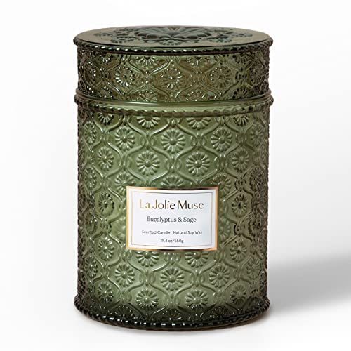 LA JOLIE MUSE Velas Perfumadas de Eucalipto y Salvia, Velas Grandes de Madera, Velas Decorativas en Vidrio, Cera de Soja Natural, 550 grs. 90horas