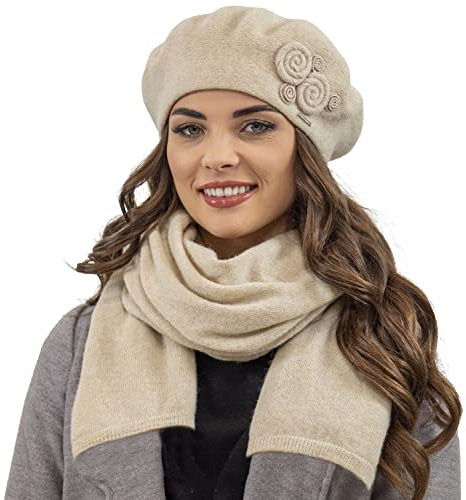VIVISENCE Baskenmütze Damen Winter Elegante Mit Klassischem Herbst Frauen Mütze Schnitt Warmer Wollmischung Floraler Applikation Perfekter Passform Ideal Für Kalte Tage Modell 7037