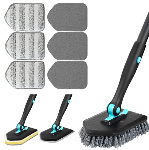 3 in 1 Scrub Cleaning Brush with Long Handle 51'' - Shower Bathtub Tub & Tile Scrubber Brush Include 1 Stiff Brush Head & 3 Scouring Pads & 3 Microfiber Clothes, for Wall Bathroom Glass Bathtub(Black)