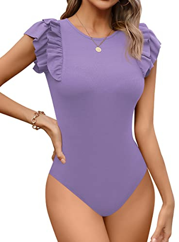 Missufe Body da donna elegante, scollo rotondo, con volant, a maniche corte