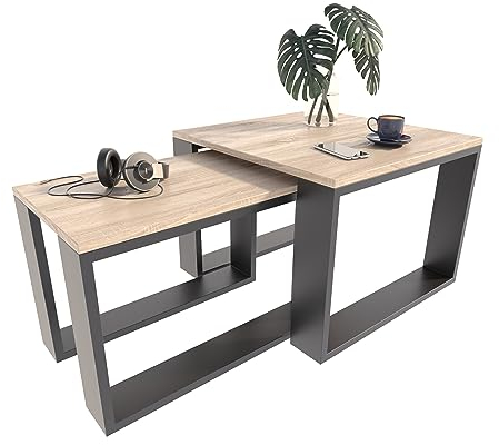 MATKAM Satztisch 2er Set, Couchtisch im Industrie-Stil, hoher Beistelltisch B60 x T60 x H43,3 cm, niedriger Beistelltisch B39 x T39 x H40,8 cm, einfache Montage (Sonoma Eiche)