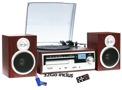 Chaîne HiFi Inovalley CH14E Tourne Disque Vinyle 80W, CD, Bluetooth, FM et USB + télécommande + clé USB