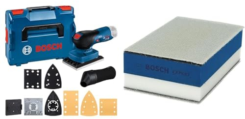 Bosch Professional 12V System Akku-Schwingschleifer GSS 12V-13 (inkl. 3 x Schleifplatte, 3 x Schleifblatt, Staubbeutel, in L-BOXX) + 1x Expert Dual Density Handschleifblock