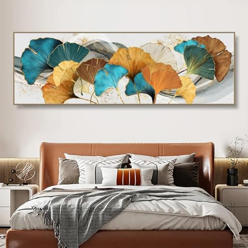 BBOVOBB Kunstdruck auf Leinwand, Blau, Grün, Gelb, Blattgold, Pflanze, Leinwand, abstrakte Malerei, moderne Bilder, Wohnzimmerdekoration, 60 x 120 cm (24 x 47 Zoll), ohne Rahmen