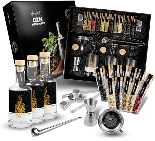 DIBYS Gin Baukasten für Anfänger, 12 Botanicals, DIY Set zum Selbermachen | 28-teiliges Komplett-Set, 3 Glasflaschen, 4 Rezeptkarten, Anleitung, kleine Manufaktur, hergestellt in EU