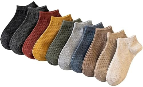 Inlefen 10 Pares Calcetines Tobilleros de Algodón para Mujer de Corte Bajo No Show a Rayas Color Sólido