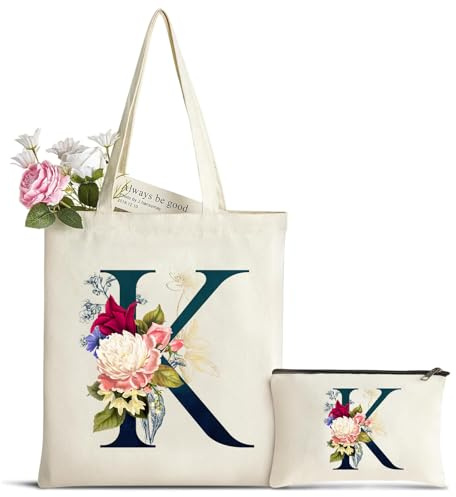 Personalisiert Initialen Canvas Tragetasche mit Kosmetiktasche, Baumwolltasche Einkaufsbeutel Damen Tote Bag, Geburtstag Weihnachten Geschenk für Frauen Ehefrau Mama Freundin, Muttertagsgeschenk(K)