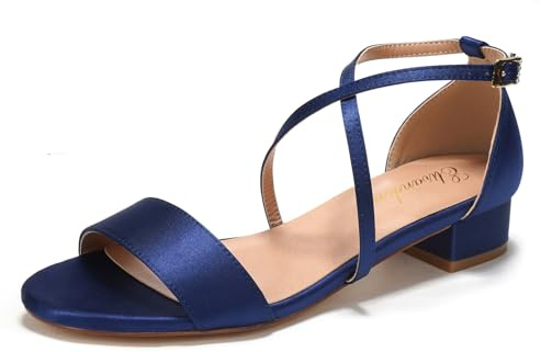 Elivandon J1584 Donna Satin Basso Tacco Serata Sandali Open Toe 3cm Blocco Tacco Satin Scarpe Serata Festa Nuziale Sposa Scarpe Matrimonio Colore Blu Scuro, Taglia 38 EU