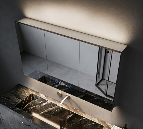 SVNR Spiegelschrank Bad mit Beleuchtung 100x60x13cm, LED & Steckdose | 3 Glastüren, LED-Beleuchtung, Antibeschlag, Steckdose, Integrierte Uhr, Edelstahl, Verstellbare Regale, Silber