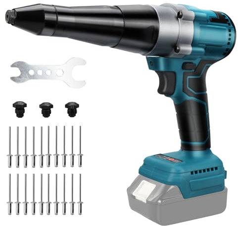 Remachadora inalámbrica compatible con Makita 18V batería, pistola de remache profesional sin escobillas con luz LED, 20 remaches, llave y 3 adaptadores, para metal, plástico y cuero (sin batería)